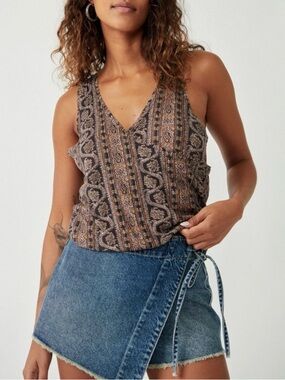 We The Free Brown Paisley V-Neck Tank Top